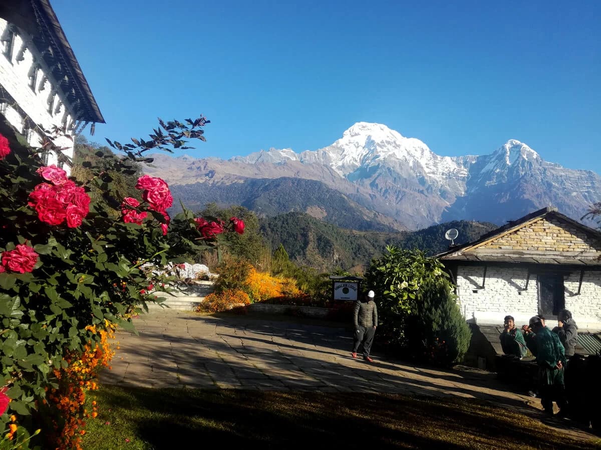 Old fashioned houses at Ghandruk and Annapurna in the background