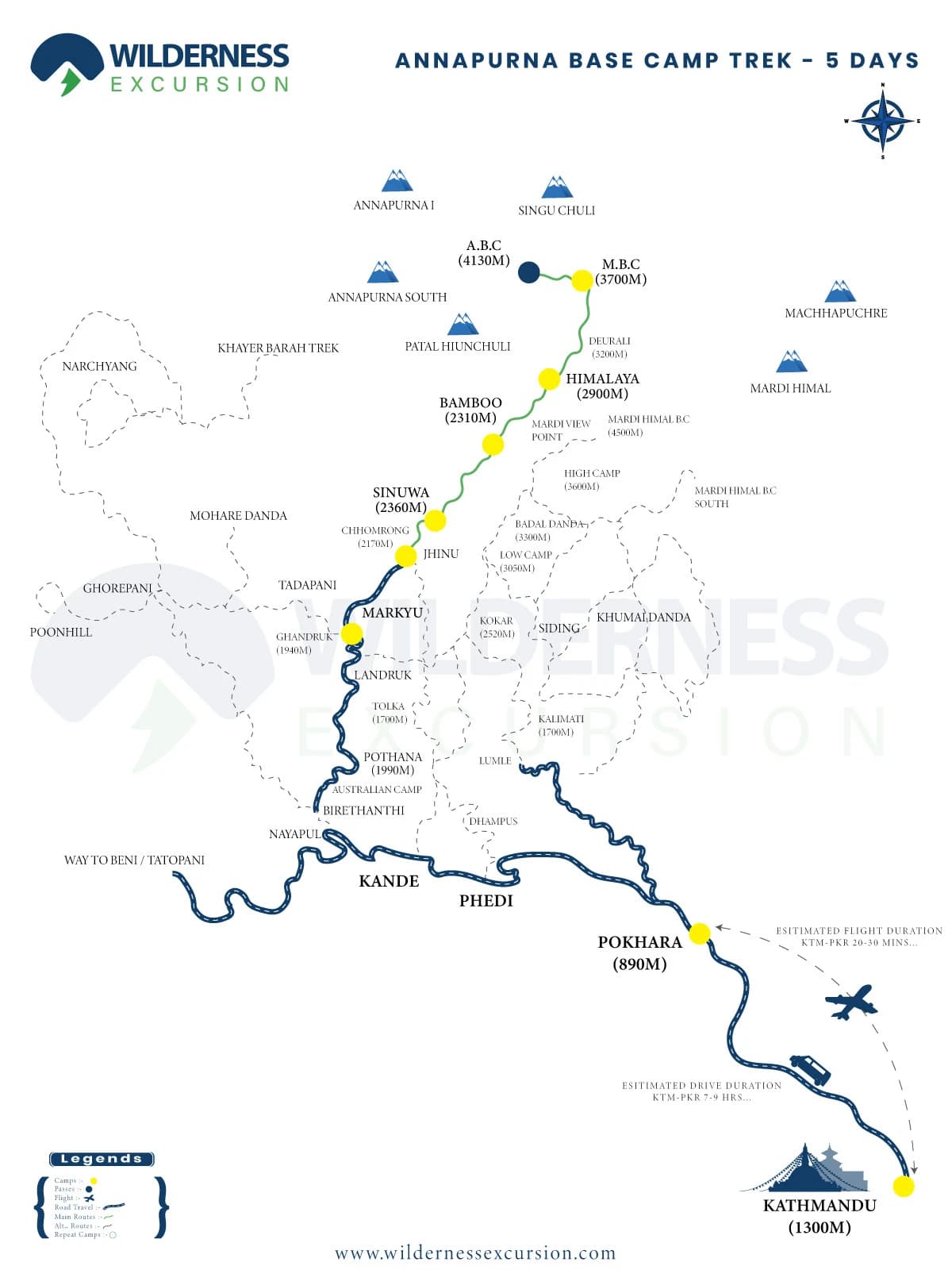 5 Days Annapurna Base Camp Trek Route Map